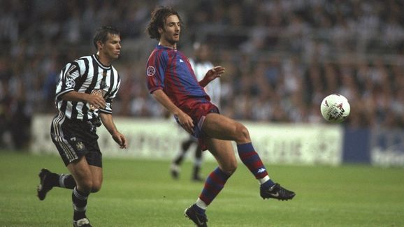 Robert Lee of Newcastle and Christophe Dugarry of Barcelona