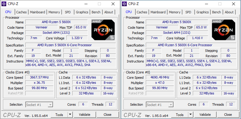 Dados fornecidos pelo CPU-Z sobre o Ryzen 5 5600X: à direita, configurações stock; à esquerda, overclock @ 4,7 GHz