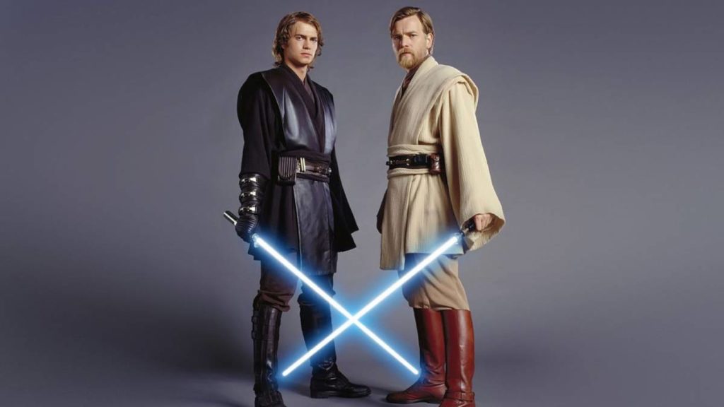 Hayden Christensen como Anakin Skywalker e Ewan McGregor como Obi-Wan Kenobi em Star War: Episódio III - A Vingança dos Sith