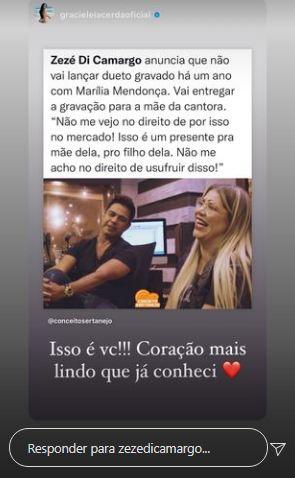  Graciele Lacerda exalta atitude de Zezé Di Camargo de não lançar projeto gravado com Marília Mendonça