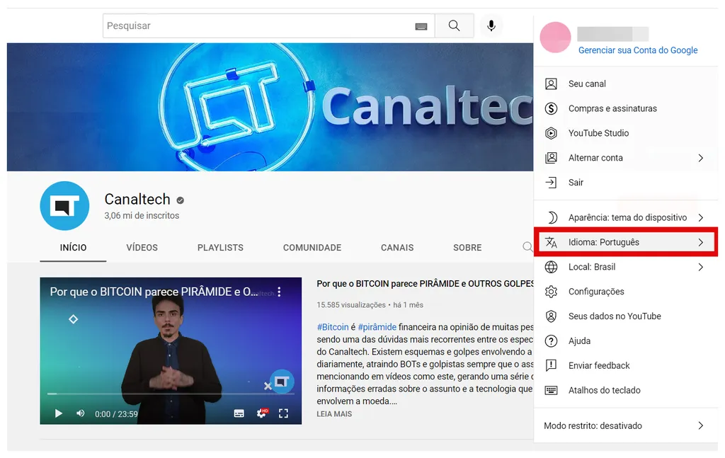 Como mudar o idioma do YouTube - 2
