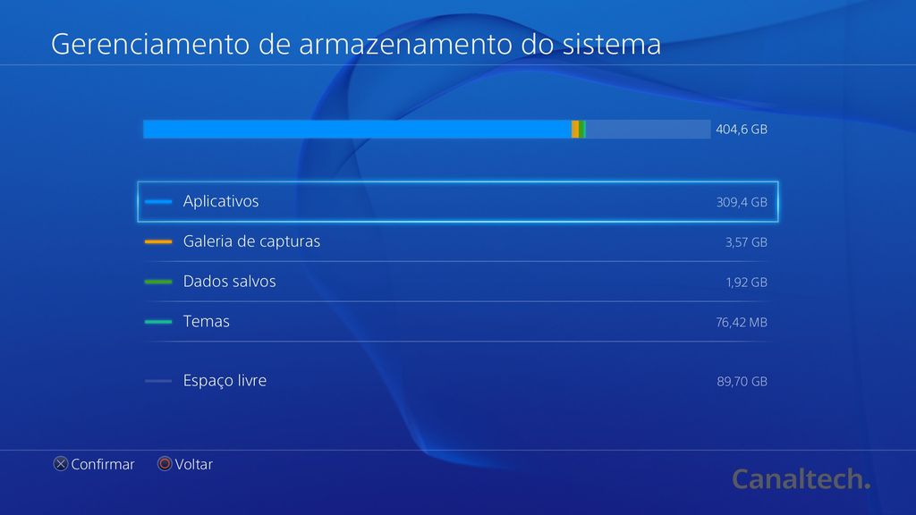 No Gerenciamento de armazenamento do sistema você terá uma visão panorâmica de quanto espaço está ocupado e quanto está livre no seu PlayStation 4