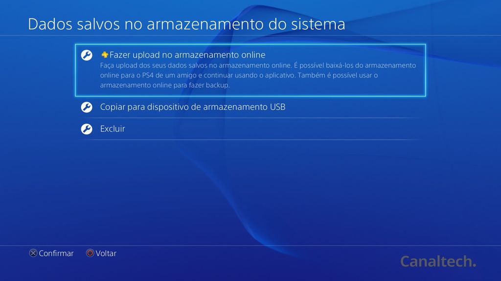 O menu Dados salvos no armazenamento do sistema permite gerenciar os saves dos jogos no seu PS4