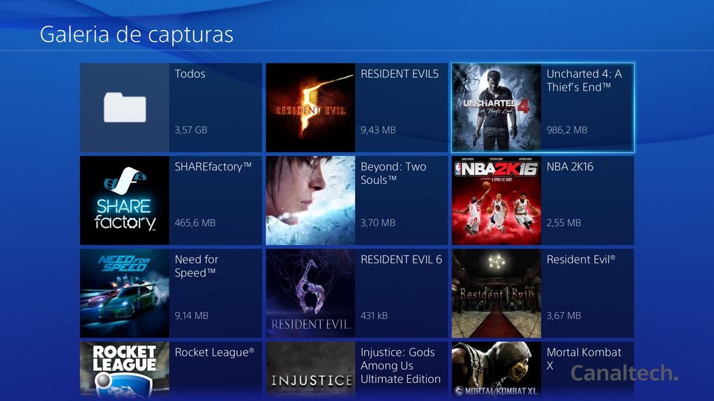 A partir do menu de Galeria de capturas, você pode não só apagar como também copiar as capturas e vídeos dos seus jogos. Basta selecionar um deles e apertar o botão Options no DualShock 4