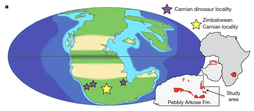 A latitude mais confortável para os dinossauros habitarem na Pangeia era uma espécie de linha do Equador, com clima ameno (Imagem: Griffin et al./Nature)