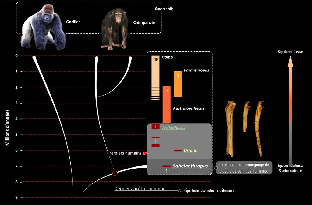 Divergência entre as espécies humanas e as de símios como gorilas e chimpanzés, de 7 a 10 milhões de anos atrás (Imagem: Franck Guy/PALEVOPRIM/CNRS/University of Poitiers)