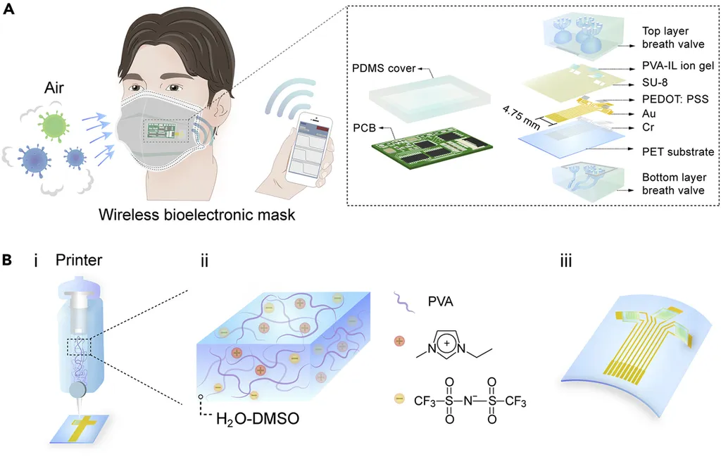 Esquema dos cientistas que mostra como a máscara detectora de covid funciona (Imagem: Wang et al./Matter)