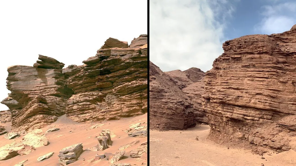 A região de Piedras Rojas é comparável a crateras marcianas: à esquerda, Marte, e à direita, o Atacama (Imagem: NASA/JPL-Caltech/Armando Azua-Bustos)