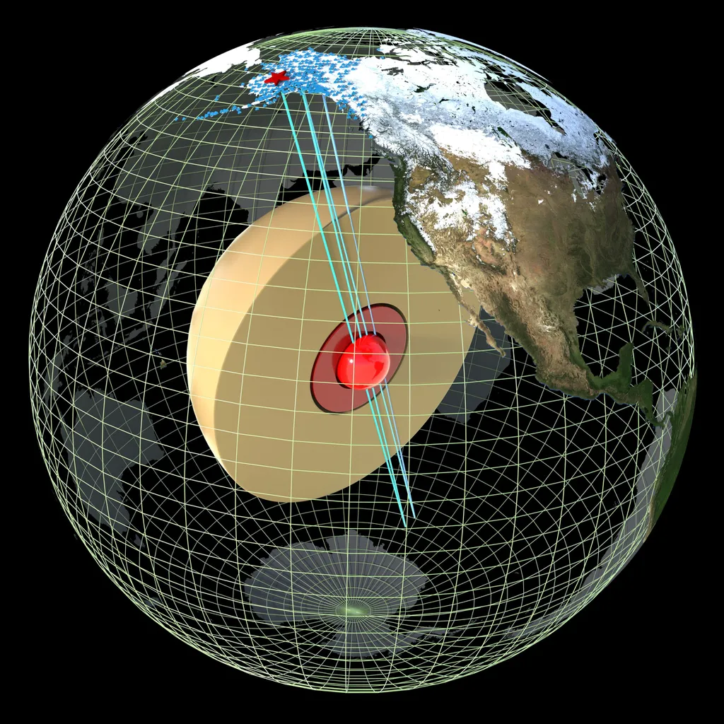 Os cinco rebotes entre a fonte e a antípoda de um terremoto no Alasca permitiram a detecção de uma diferente camada no núcleo da Terra (Imagem: Reprodução/Pham & Tkalčić via Phys.org)