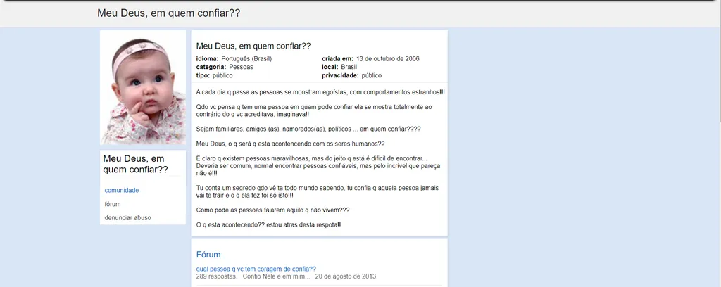 Comunidades no Orkut tratavam de tópicos variados, muitas vezes de forma engraçada (Fonte da imagem: Web Archive/Reprodução)