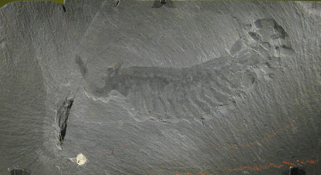 Um fóssil de Opabinia regalis do Folhelho Burgess, espécie de animal também encontrado em Castle Bank cujo fóssil é bastante raro (Imagem: Jstuby/Domínio Público)