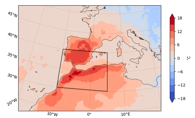 Anomalias de temperatura registradas em abril na Península Ibérica e norte da África (Imagem: Reprodução/WWA)