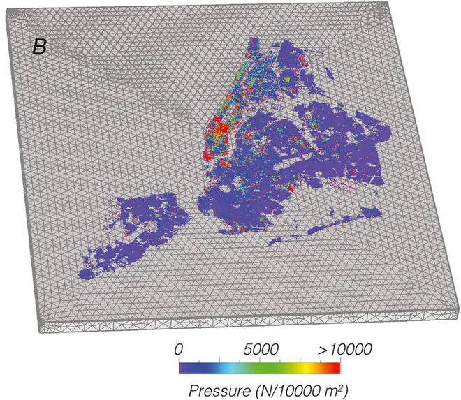 Pressão exercida pelos prédios de Nova York no solo da cidade. É possível ver o destaque para a ilha de Manhattan, onde estão as maiores construções (Imagem: Reprodução/Earth