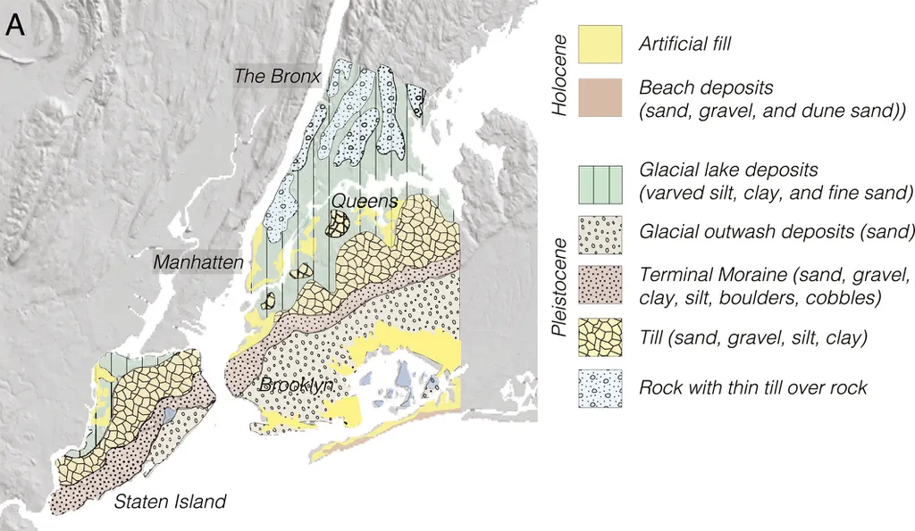 Tipos de solo na cidade de Nova York. O estudo indica que as áreas mais suscetíveis a subsidência são as aterradas artificialmente (em amarelo, sem textura). Edifícios assentados diretamente sobre rochas ou em solos rasos (em azul com textura pontilhada) não devem afundar (Imagem: Reprodução/Earth