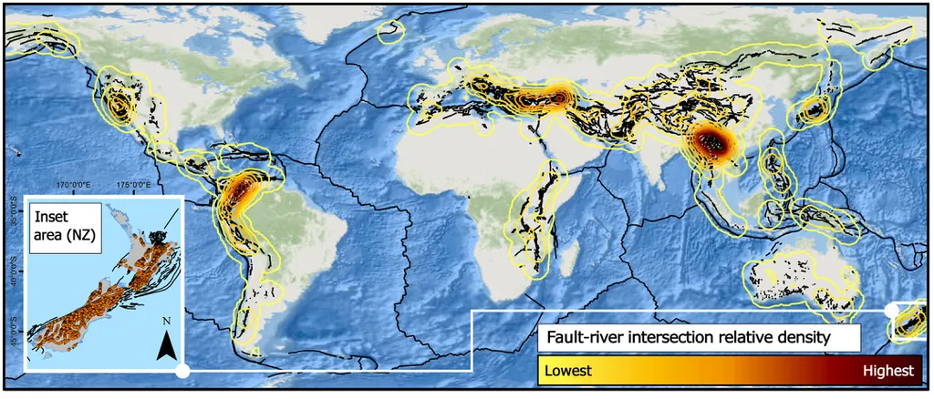 Mapeamento global de encontros entre rios e falhas geológicas (Imagem: Erin McEwan et al./Reprodução via Science Advances)