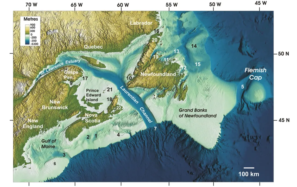 Região do naufrágio do Titanic há 13.000 anos atrás — os planaltos dos Grandes Bancos de Newfoundland ainda não estavam debaixo d