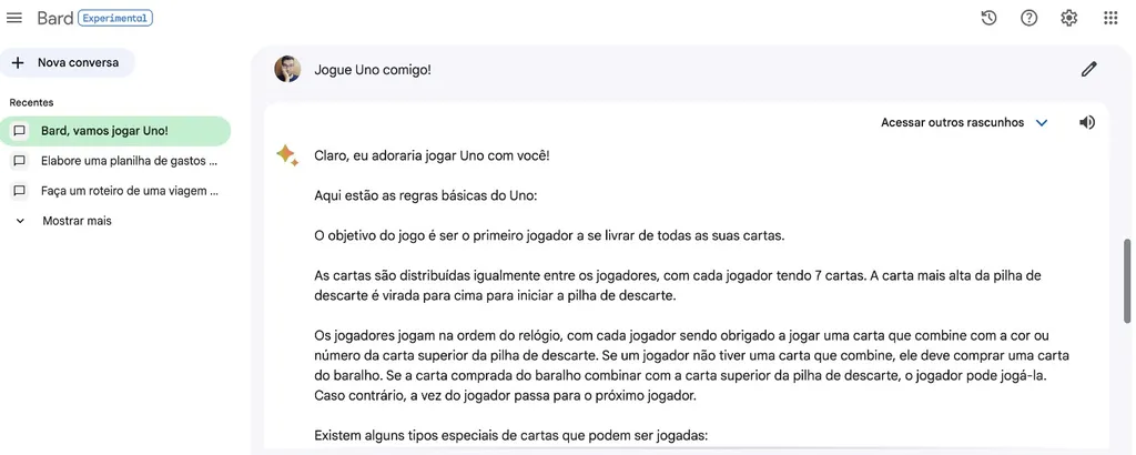 Bard pode jogar com o usuário (Imagem: Captura de tela/Guilherme Haas/Canaltech)