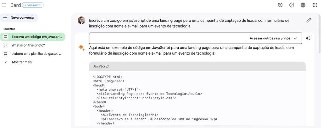 Resultado do Bard com código de programação (Imagem: Captura de tela/Guilherme Haas/Canaltech)