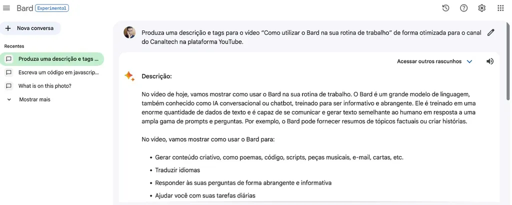 Bard oferece descrição para publicações em plataformas sociais (Imagem: Captura de tela/Guilherme Haas/Canaltech)