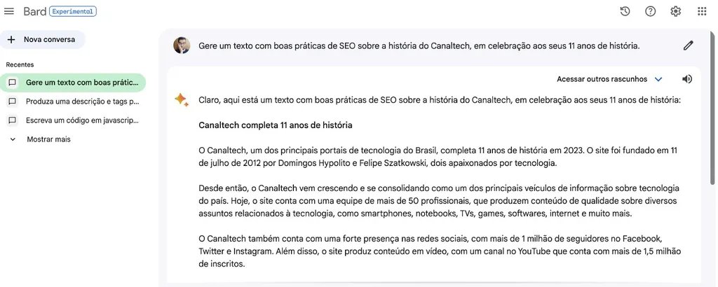 Texto otimizado para busca gerado pelo Bard (Imagem: Captura de tela/Guilherme Haas/Canaltech)