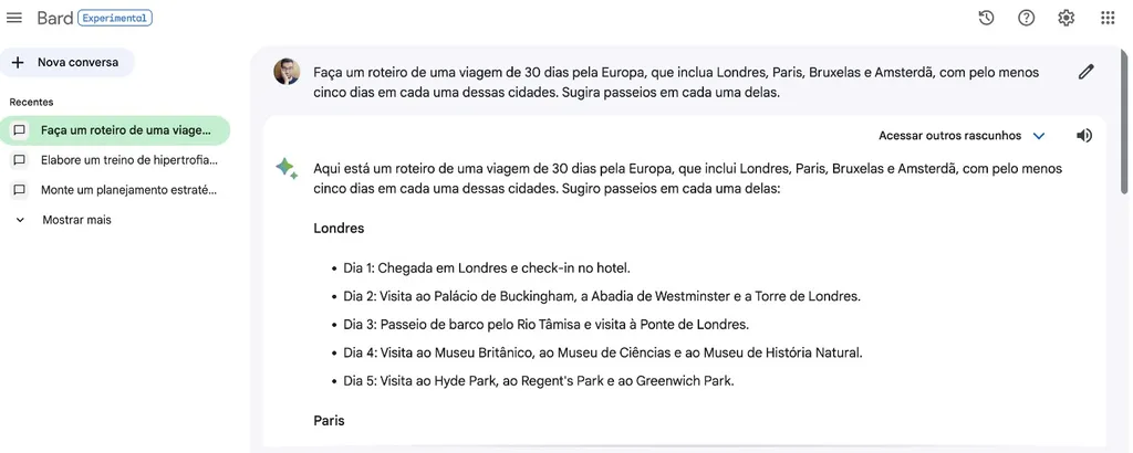 O Bard faz sugestões de passeios em uma viagem internacional (Imagem: Captura de tela/Guilherme Haas/Canaltech)