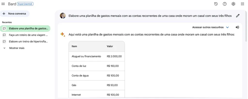 Um modelo de controle orçamentário pode ser criado com o Bard (Imagem: Captura de tela/Guilherme Haas/Canaltech)