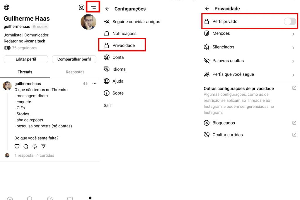Como editar as configurações de privacidade de conta no Threads (Imagem: Captura de tela/Guilherme Haas/Canaltech)