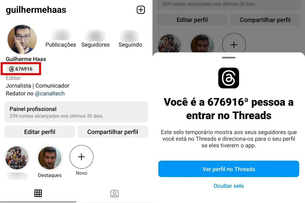 Número de inscrição no Threads é exibido no seu perfil no Instagram (Imagem: Captura de tela/Guilherme Haas/Canaltech)