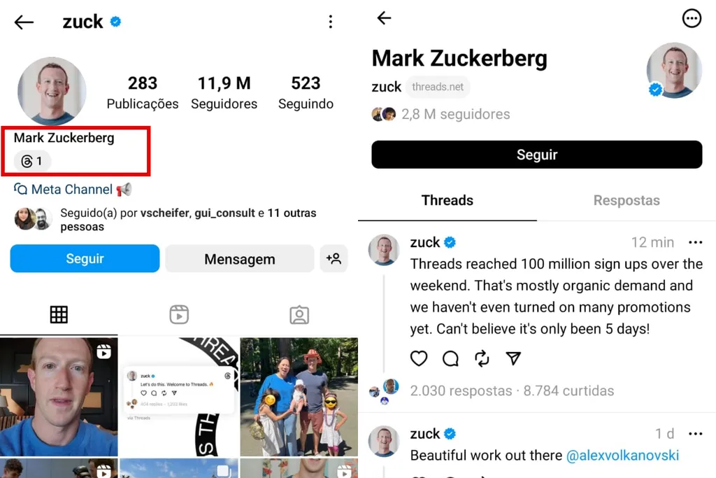 Mark Zuckerberg tem o perfil número um no Threads (Imagem: Captura de tela/Guilherme Haas/Canaltech)