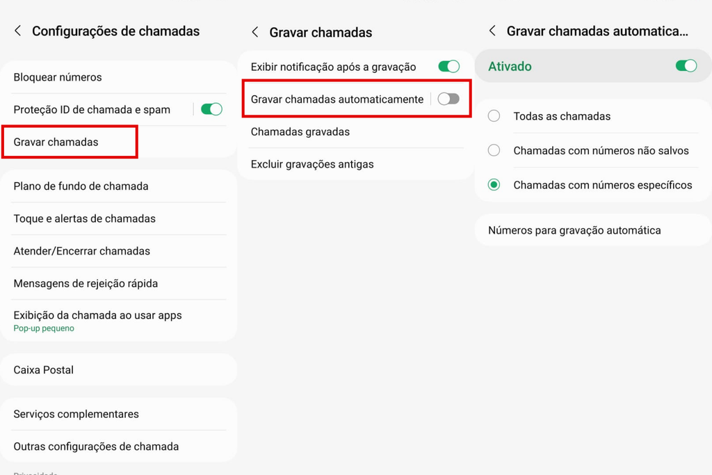 Configurações do app Telefone para gravar uma ligação (Imagem: Captura de tela/Guilherme Haas/Canaltech)