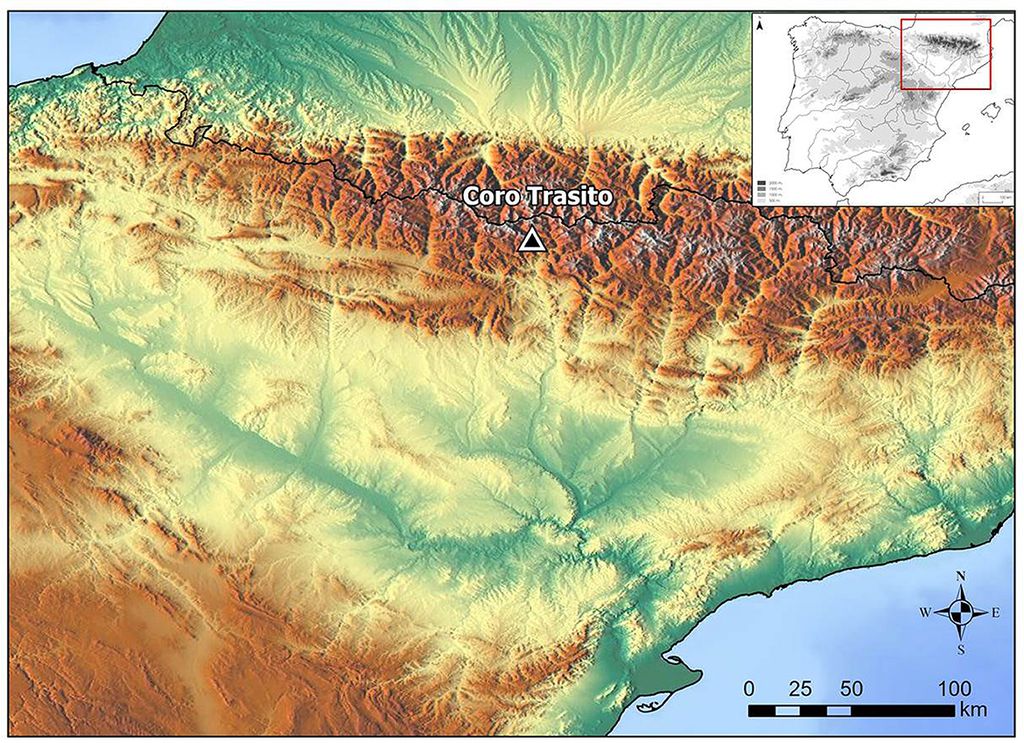 Localização da caverna de Coro Trasito, onde estavam os restos animais estudados na pesquisa (Imagem: Navarrete et al./Frontiers in Environmental Archaeology)