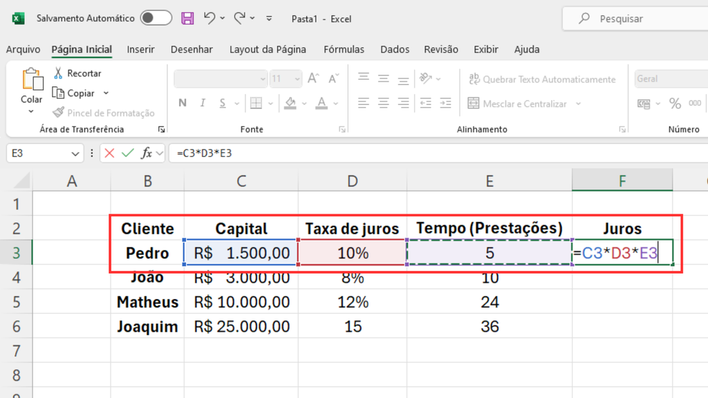 Insira a fórmula para calcular os juros simples