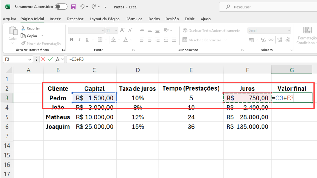 Some o valor inicial e os juros para obter o total da operação