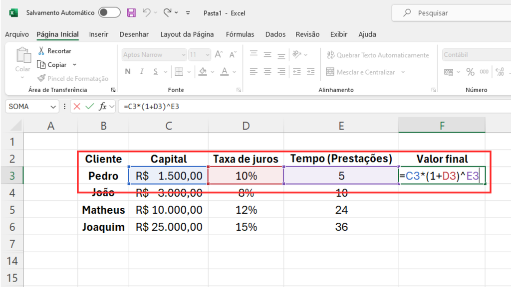 Insira a fórmula para obter os juros compostos