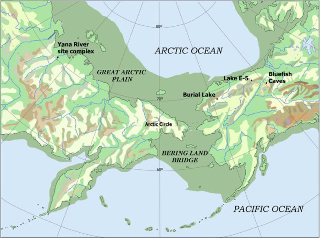 Mapa mostrando a Ponte Terrestre de Bering, ou Beríngia, e os locais de onde vieram os dentes primitivos estudados (Imagem: Scott et al./American Journal of Biological Anthropology)