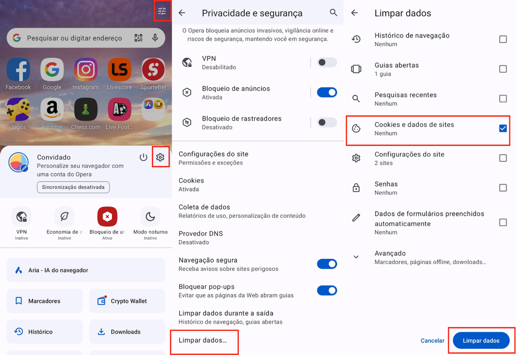 Como remover os cookies do Opera no celular