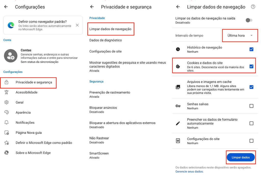 Como remover os cookies do Edge no celular