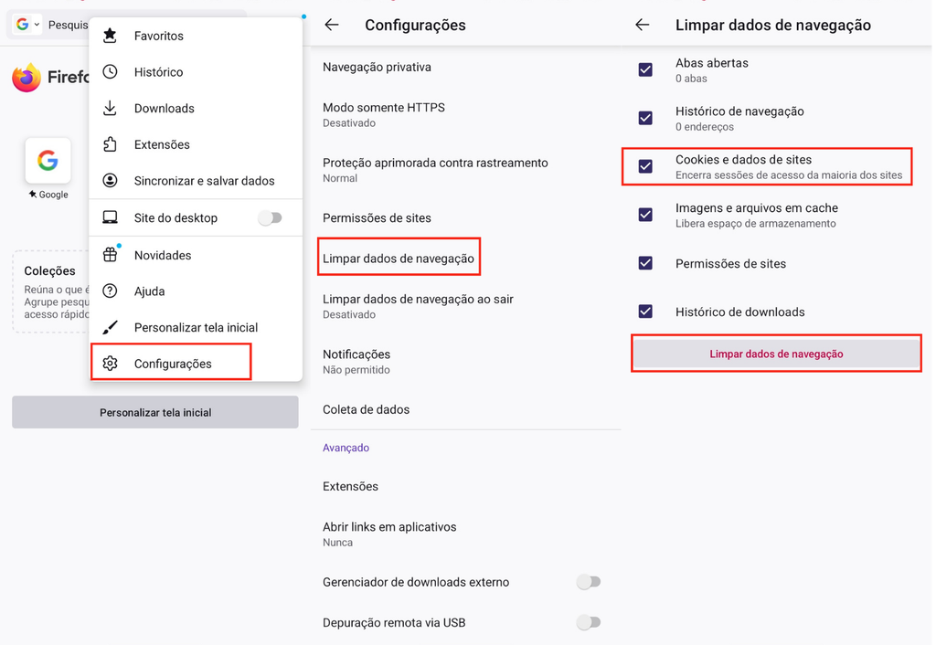 Como excluir cookies do Firefox no celular