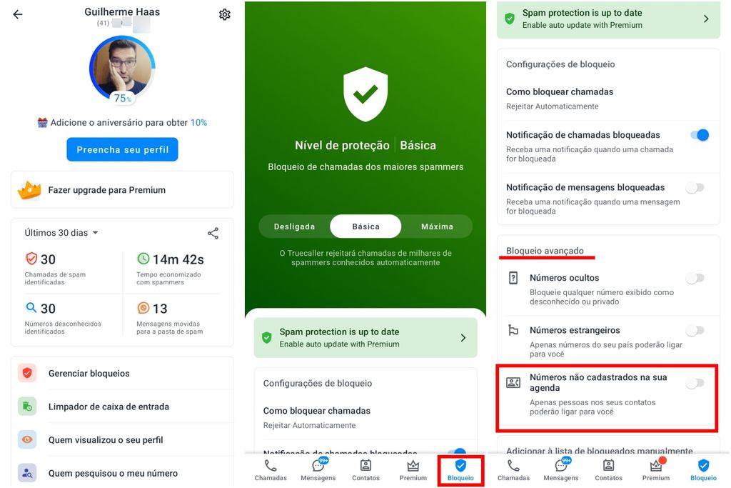 O Truecaller é uma alternativa para bloquear ligações de números que não estão cadastrados na sua agenda (Imagem: Captura de tela/Guilherme Haas/Canaltech)