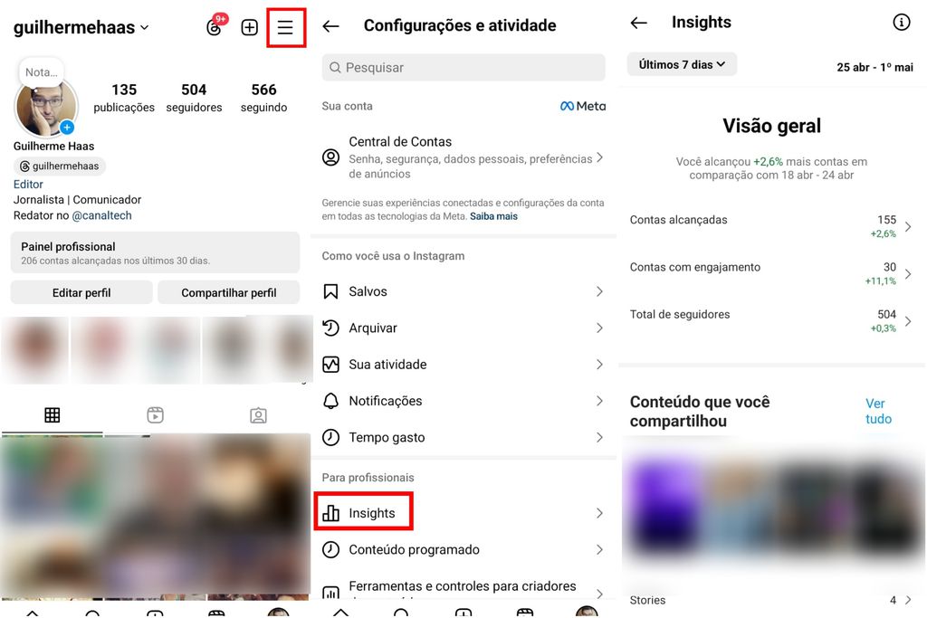 Como ver os dados do painel Insights no Instagram (Imagem: Captura de tela/Guilherme Haas/Canaltech)