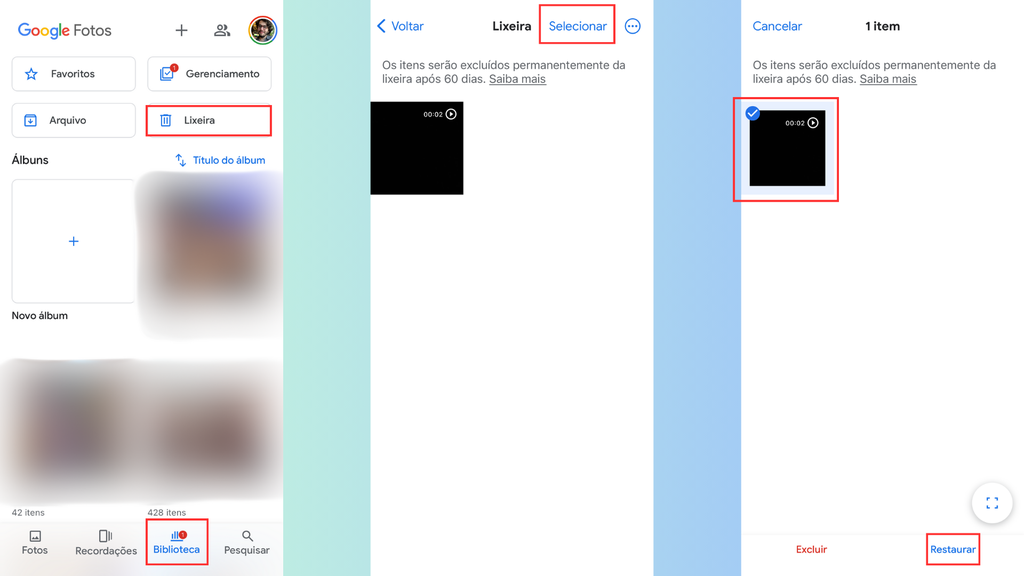 Como restaurar vídeos na lixeira do Google Fotos no iPhone (Imagem: Captura de tela/Bruno De Blasi/Canaltech)