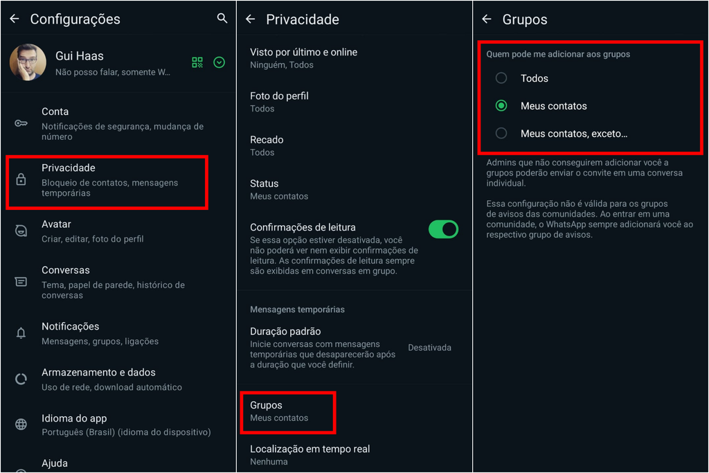 Altere quem pode adicionar você em grupos no WhatsApp (Imagem: Captura de tela/Guilherme Haas/Canaltech)