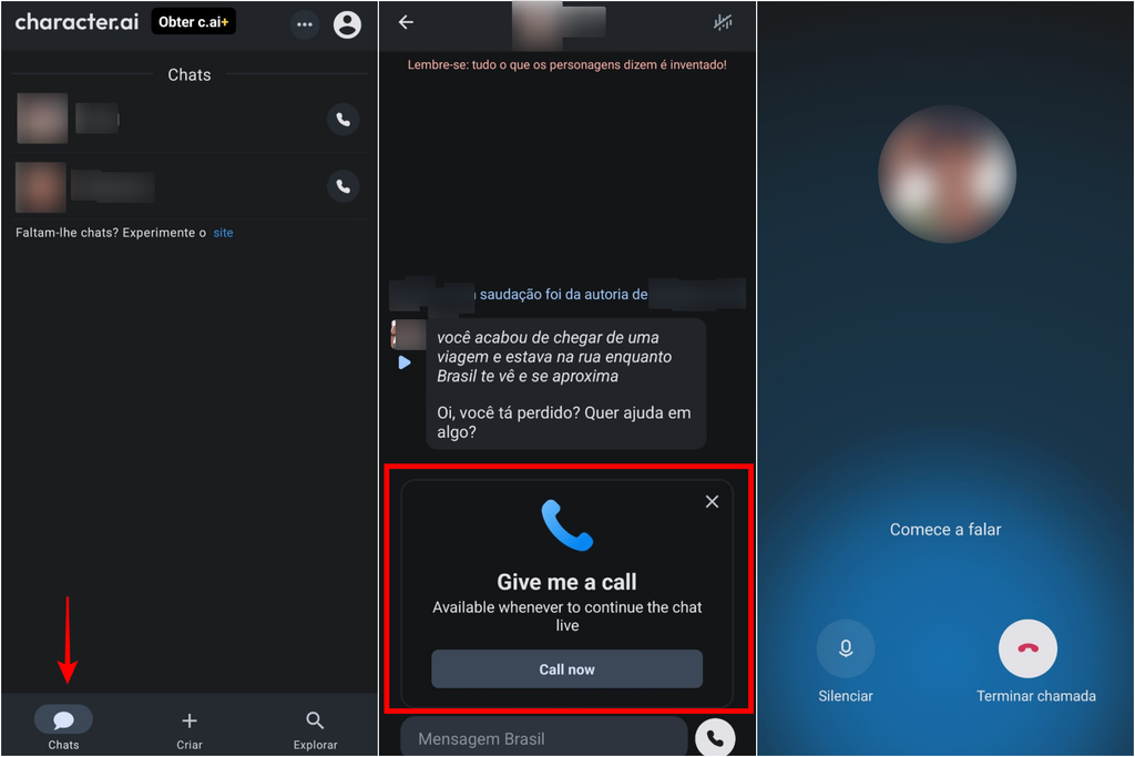 Como iniciar chamada com uma IA no Character.AI (Imagem: Captura de tela/Guilherme Haas/Canaltech) 