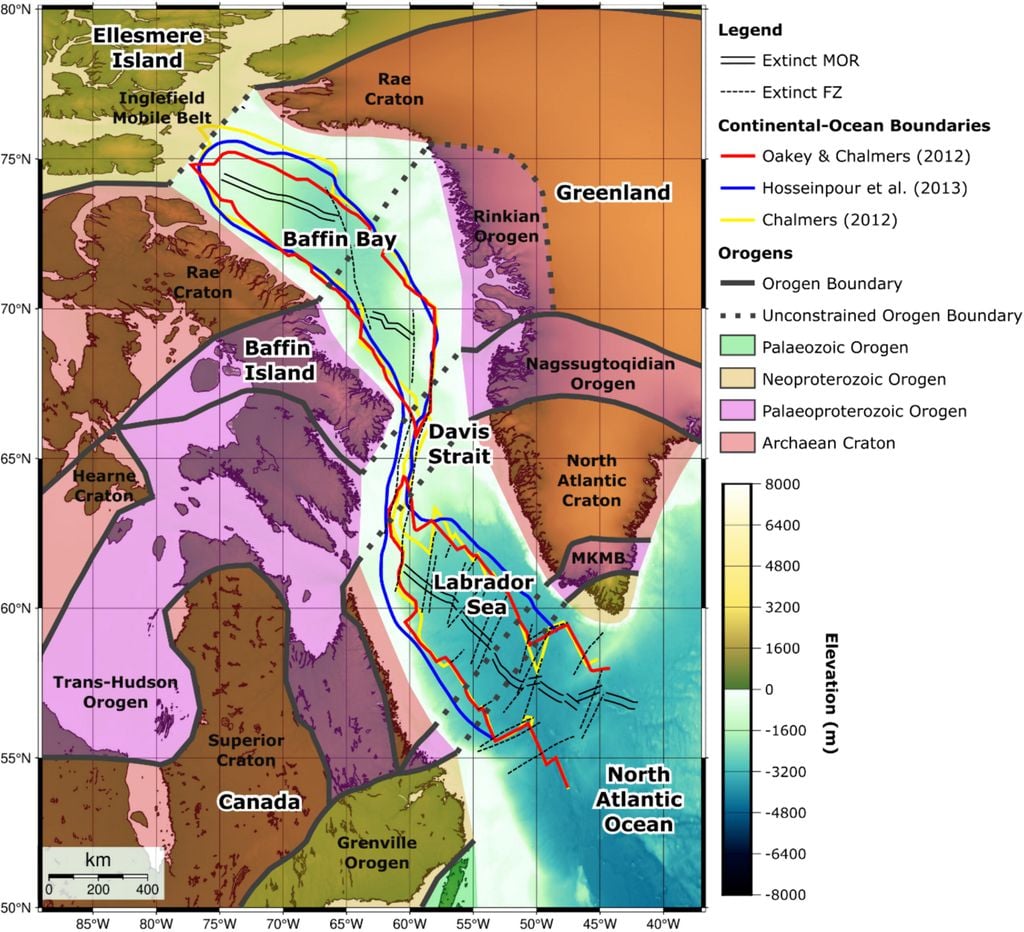 Mapa batimétrico da região entre a Groenlândia e o Canadá, onde o novo microcontinente fica (Imagem: Longley et al./Gondwana Research) 