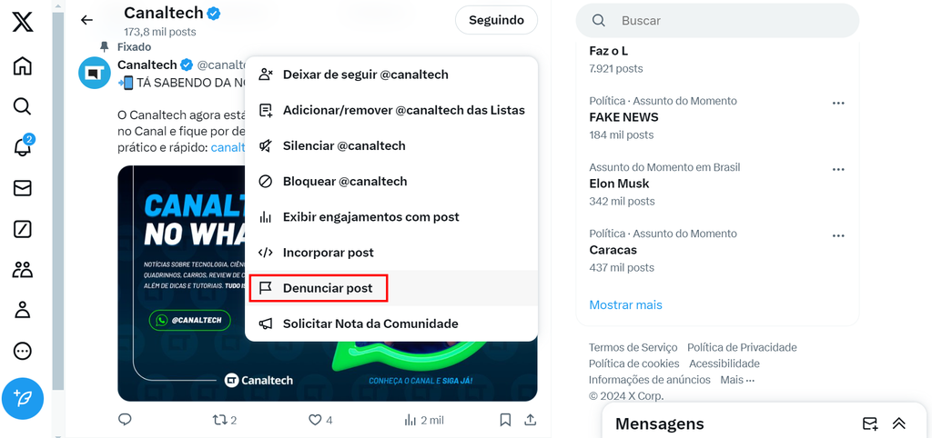 É possível denunciar conteúdos abusivos no Twitter/X (Imagem: Captura de tela/Guilherme Haas/Canaltech)