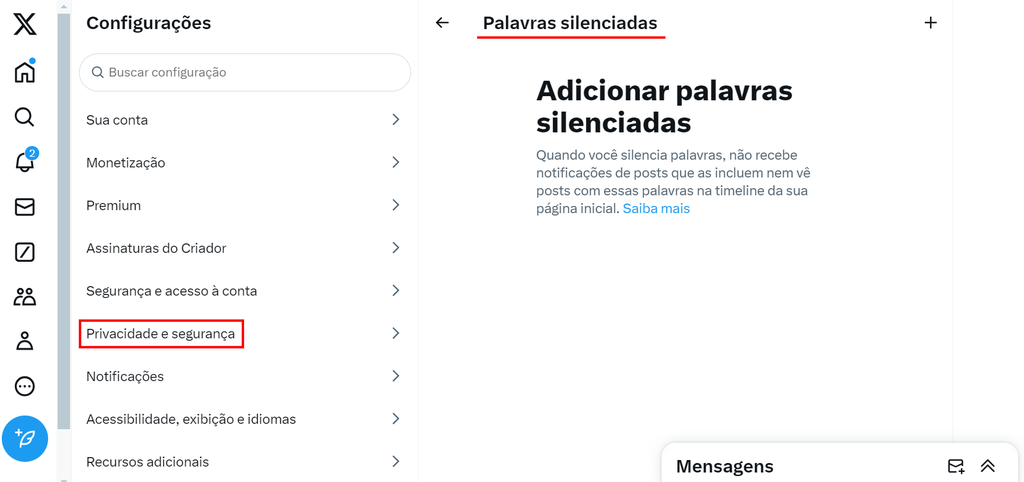 Uma alternativa para restringir conteúdos no Twitter/X é silenciar palavras (Imagem: Captura de tela/Guilherme Haas/Canaltech)