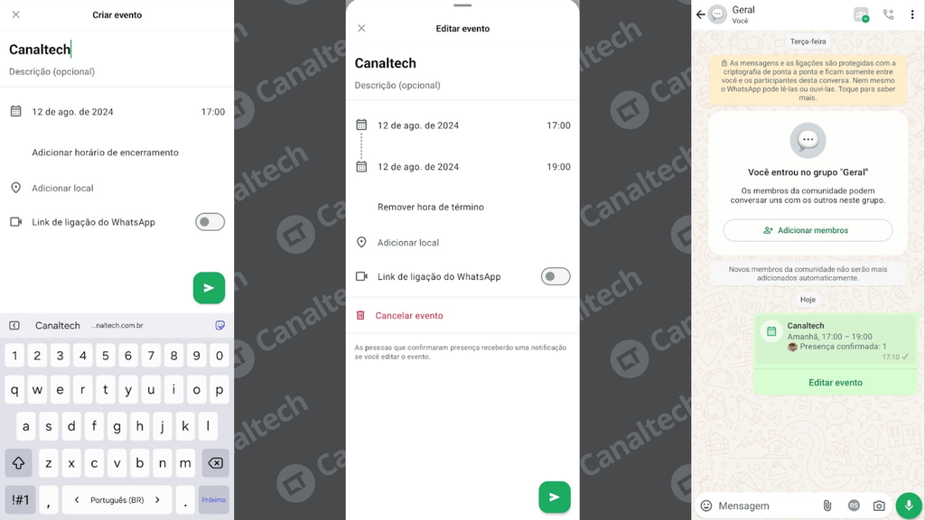 WhatsApp Beta ganha opção para incluir horário de encerramento de eventos (Imagem: Captura de tela/Bruno De Blasi/Canaltech)